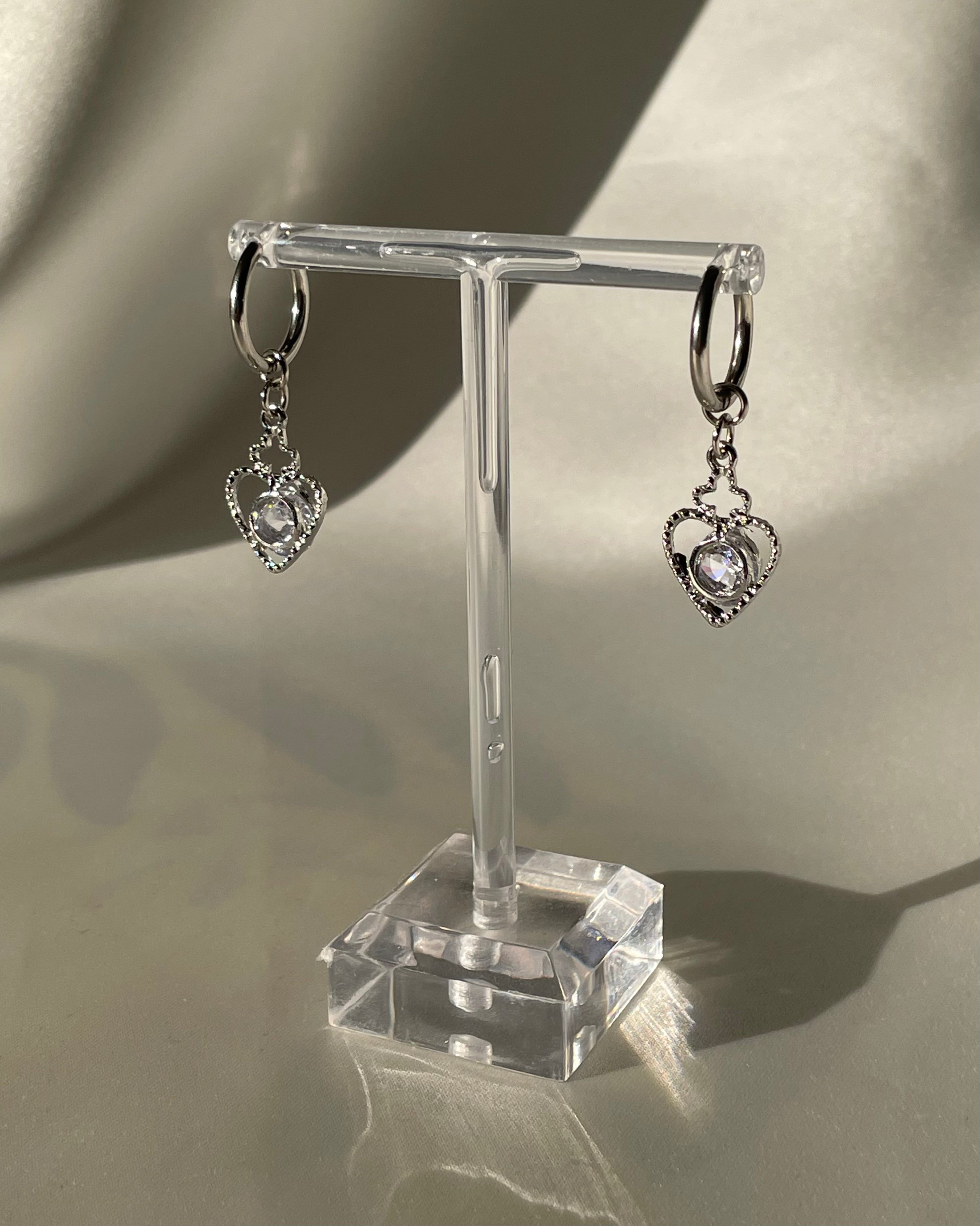 Blue Crystal Heart Ear Hoops